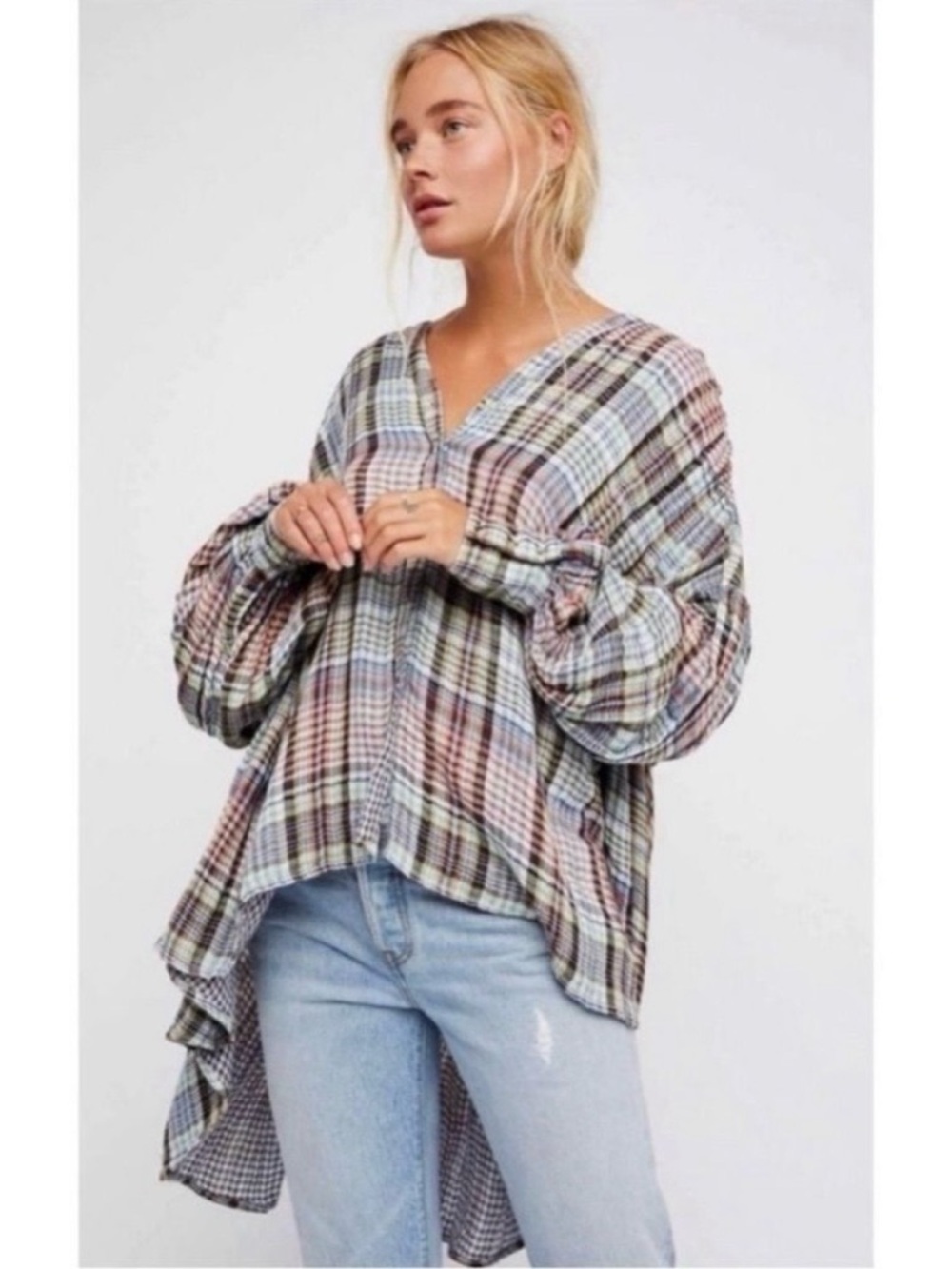 NWT Free People Come on Over Oversized Plaid Top XS Button Tunic Long Sleeve